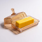 Glass Butter Dish with Lid for Countertop, Champagne Color Striped Crystal Covered Butter Holder Tray Container