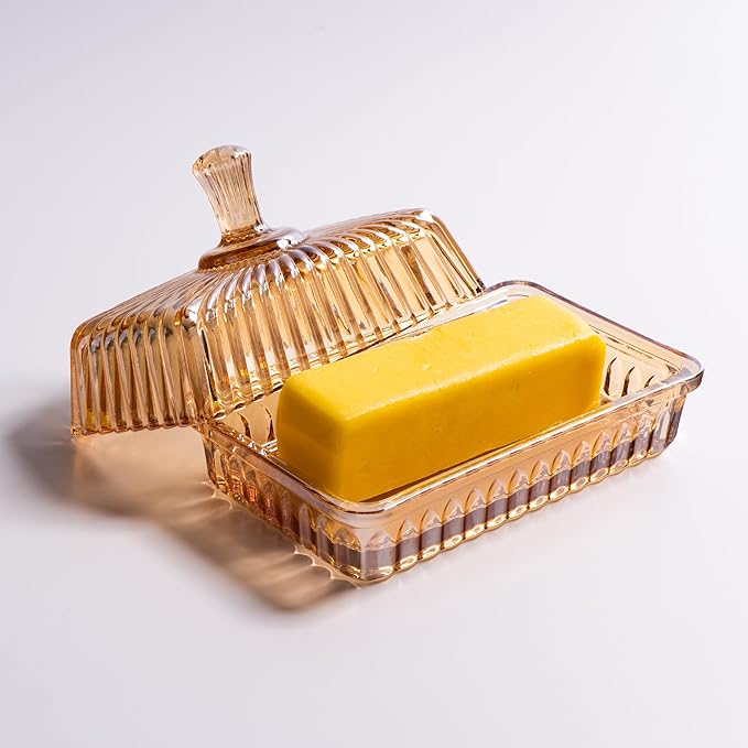 Glass Butter Dish with Lid for Countertop, Champagne Color Striped Crystal Covered Butter Holder Tray Container