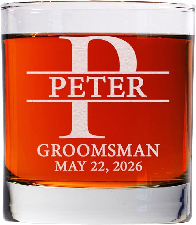 Set Of 4, Personalized Whiskey Glass For Groomsman Gifts, Best Man, Groom, 11oz Old Fashioned Custom Monogrammed Whiskey Glass