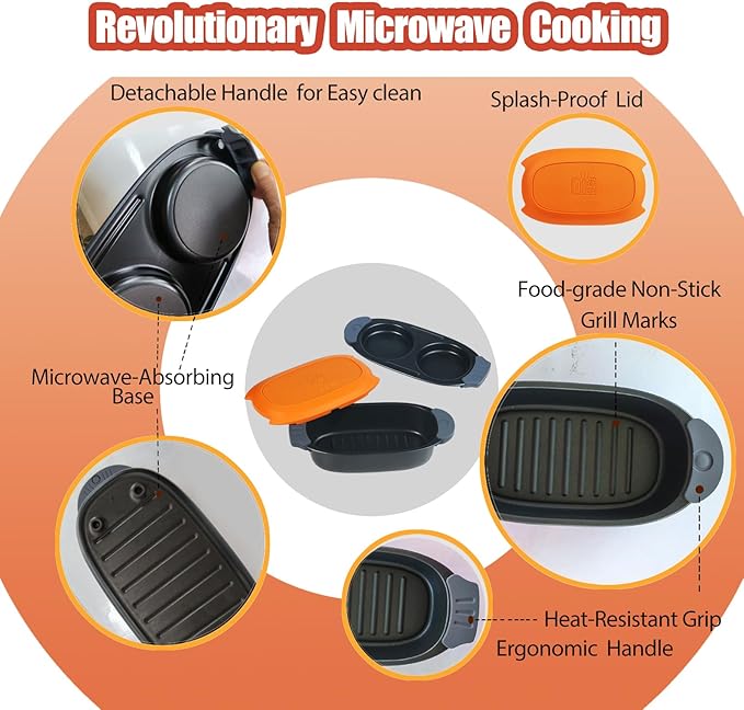 Quick-Heat Microwave Egg Cooker and 33 OZ Microwave Grill Combo | 2-Piece Breakfast Maker Set for Grilling, Frying, Crisping Meat, Bacon, Pancakes & Veggies | Dishwasher Safe & Non-Stick for Kitchen RV, Dorm, Office(Orange)