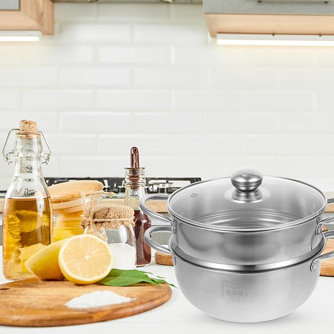 2-Tier Stainless Steel Steamer Pot, 10'' Steamer Pot with Lid and Handle, Multipurpose Stove Top Cookware for Vegetable, Dumpling, Soup, Dim Sum