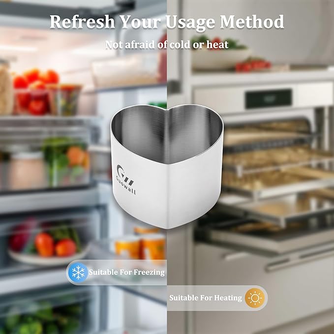 Guowall Heart Shaped Seamless Cake Ring, 3 inch Mousse Mold for Baking, Nonstick Stainless Steel Heart Dessert Mould Set, Includes 1 lifter, 1 pusher and 6 rings