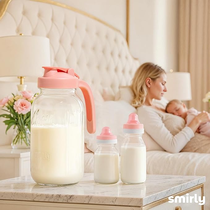 SMIRLY 64 oz Mason Jar Pitcher,Glass Pitcher with Wide Mouth,Water Jug with Double Leak Proof Lid for Iced Coffee,Hot Water,Breast Milk