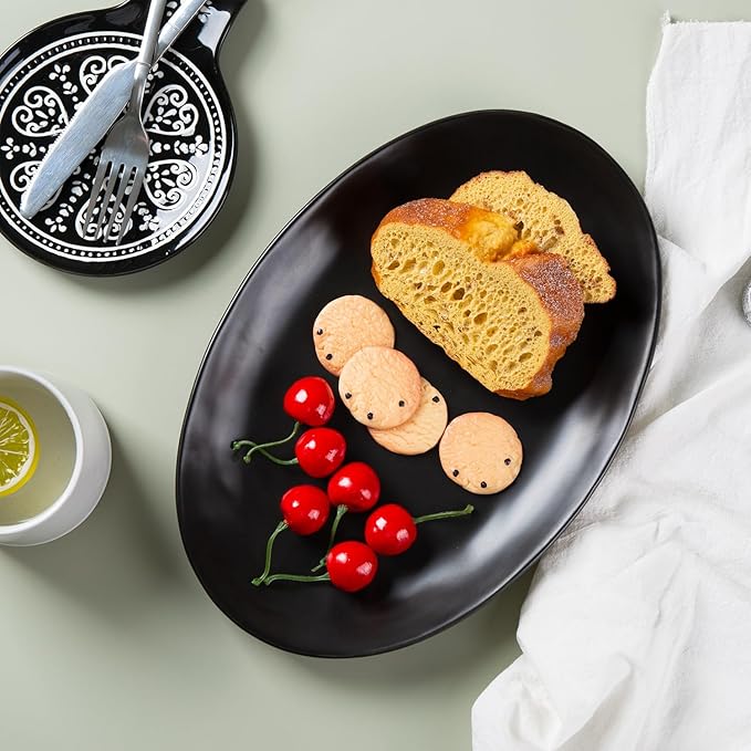 Porcelain Serving Platters, 12 Inch Large Serving Trays, Oval Serving Plates for Dessert Appetizers Meat/Entertaining/Party, Set of 3, Matte Black