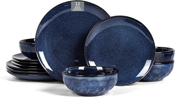 Vicrays Ceramic 12 Pieces Dinnerware Set - Dinner Plates Salad Plates Cereal Bowls Set Service for 4 - Scratch Resistant Microwave Oven Dishwasher Safe - Starry blue