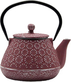 Cast Iron Teapot, 20.3oz Small, Enameled Interior, Stainless Steel Infuser for Loose Tea (Pink Gerbera Pattern)