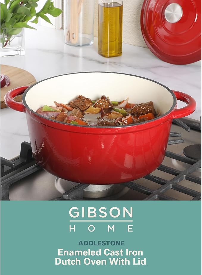 Gibson Home Addlestone 5 Quart Round Enamel Cast Iron Dutch Oven Pot With Lid & Dual Handles - Gradient Red