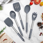 TeamFar Silicone Cooking Utensils Set, 5 PCS Heat-Proof Kitchen Utensils with Stainless Steel Handle, Turner/Spoon/Pasta Server for Nonstick Cookware Frying Flipping Draining, Light Grey