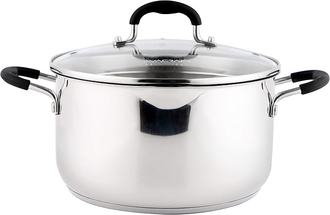 AVACRAFT Stainless Steel Stockpot with Glass Strainer Lid, 6 Quart Stock Pot, Saucepan cookware, Side Spouts, Multipurpose, Sauce, Soup, Induction Pan, (5-Ply Capsule Bottom, 6QT)