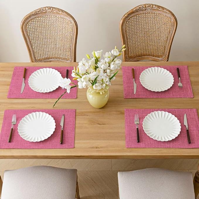 Placemats Set of 6, Bilayer Thickened Linen Place Mats Heat Resistant Machine Washable Wrinkle Free Carefully Selected Polyester Mats for Kitchen/Dining/Coffee Table (Pink)