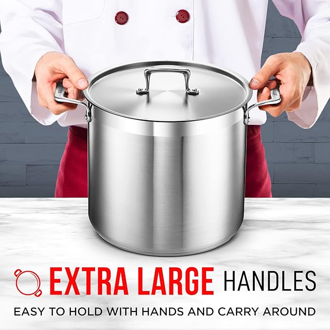 Stainless Steel Stockpot with Lid 16 Quart, Durable 18/8 Stainless Steel, Impact-Bonded Base for Even Heating, Riveted Handles, Oven & All Stove Compatible, Safe Up To 500°F (260°C)