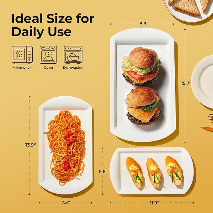 LIFVER Extra Large Serving Platters, 16"/14"/12" Rectangle Serving Trays, Serving Dishes for Entertaining, White Ceramic Platters for Serving Food Party, Turkey Platter for Thanksgiving, Set of 3