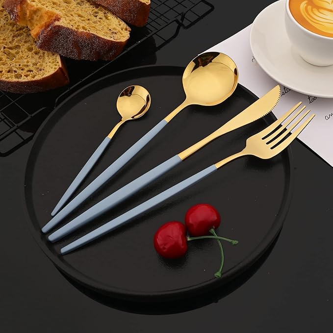 JASHII Flatware Set 24 Piece, Stainless Steel Silverware Set, Macaron Small Fresh Color Cutlery Set, Modern Elegant Tableware Set for Party, Christmas, Dinner (Haze Blue Gold)