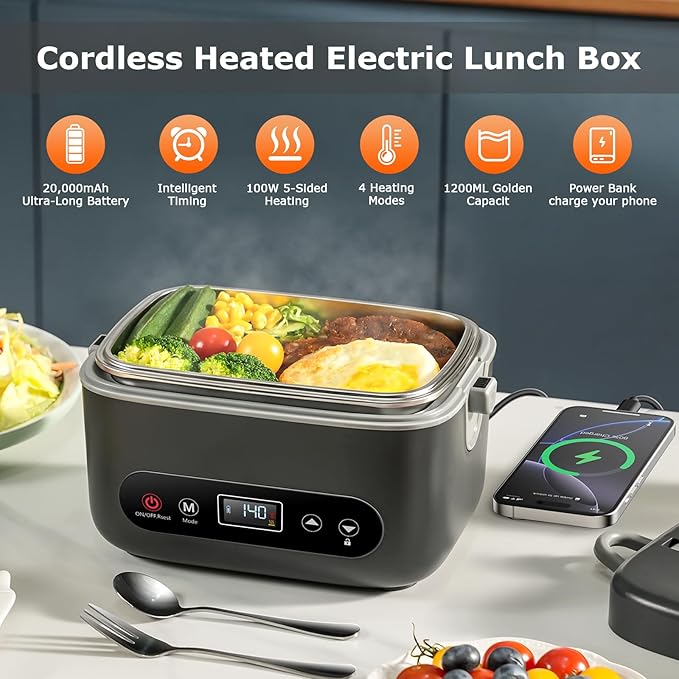 1.2L Cordless Electric Lunch Box – 20000mAh Rechargeable Portable Food Warmer with 5-Sided Heating, Auto Temperature Control, Leakproof & BPA-Free – Perfect for Office, Truck, Outdoors