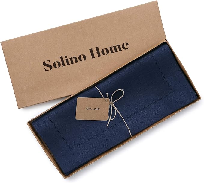 Solino Home Linen Navy Table Runner 72 Inches Long - 100% Pure Linen Hemstitch Table Runner 14 x 72 Inch for Dresser, Dining, Summer, Fall, Autumn, Halloween - Classic Hemstitch