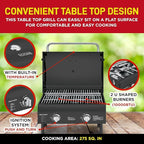Black Portable Gas Grill, Dual 10,000 BTU Burners, 275 Sq.In Cooking Space, Push-to-Start Ignition, Wind-Proof Lid with Built-in Thermometer, Perfect for Camping Tailgates & Backyard BBQ Cookouts