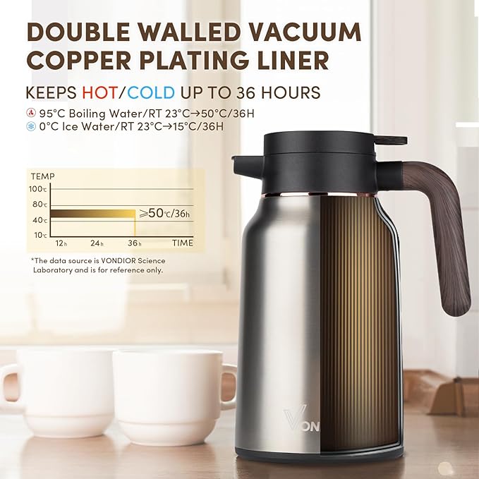 Vondior Coffee Carafe 35oz/1.0L - 24Hours Coffee Thermal- Insulated 304 Stainless Steel Hot Beverage Dispenser - Thermal Coffee Carafes For Keeping Hot/Cold Coffee, Drink Dispenser for Parties