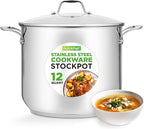 NutriChef 12-Quart Stainless Steel Stockpot – 18/8 Food Grade Heavy-Duty Induction-Compatible Pot with See-Through Lid, Ideal for Stews, Broths, Simmering & Soups, Dishwasher Safe – NCSP12