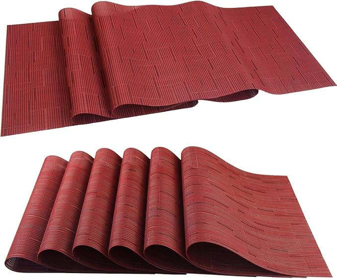 PIGCHCY Elegant Placemats with Matching Table Runner,Washable Durable Placemats Crosswoven Vinyl Table mats Sets(6pcs Placemats+1pcs Table Runner,Same Style,Burgundy Red)