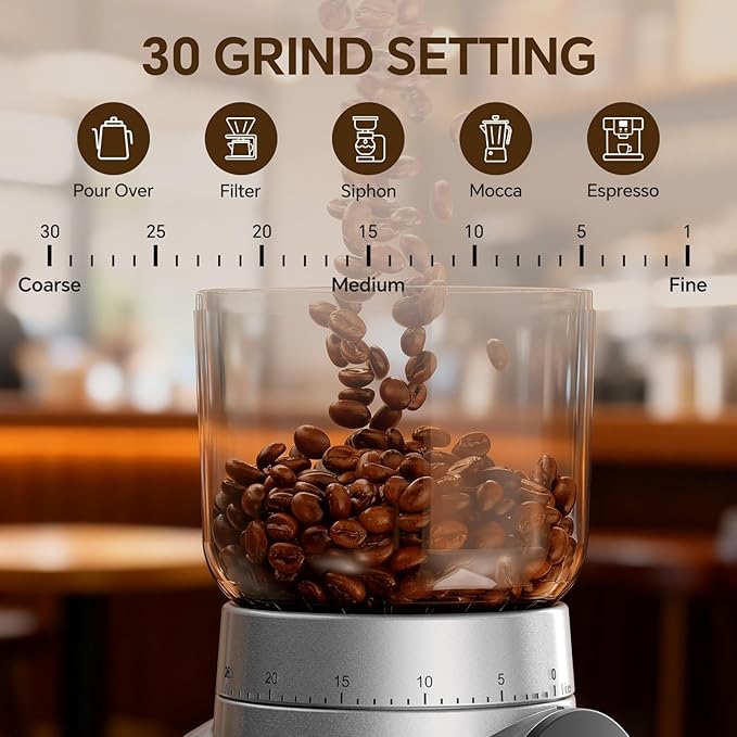 Electric Coffee Grinder, Burr Coffee Beans Grinder with 30 Grinding Settings, Burr Mill Grinder for Home Use, Touchscreen Adjustable 2-10 Cups or 40-Second Timer, Stainless Steel