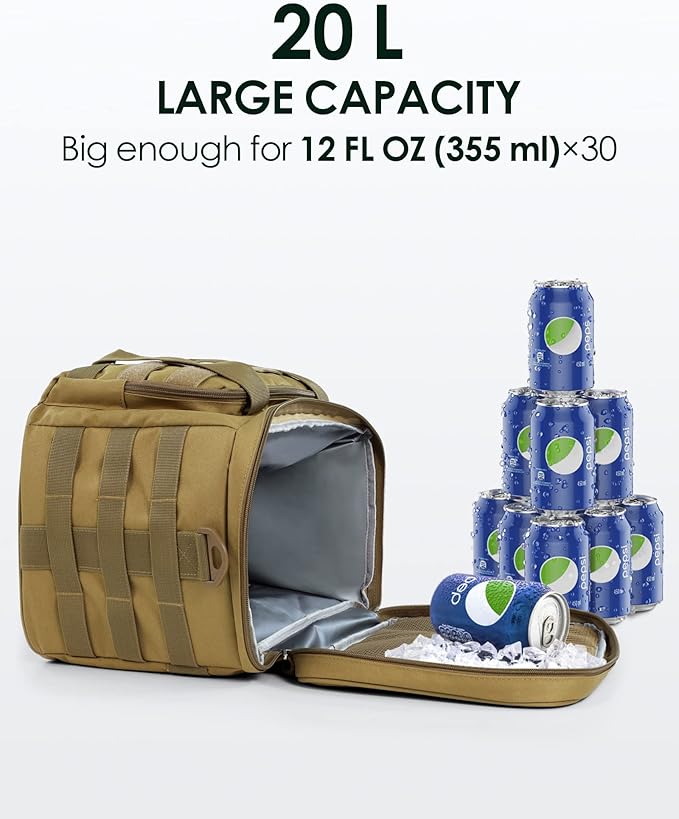 TACTICISM Lunch Box for Men - 20L Tactical Leakproof Insulated Lunch Bag Adult, Portable Soft Coolers with Detachable Molle Pouch for Camping Fishing Beach Picnic Work, Brown