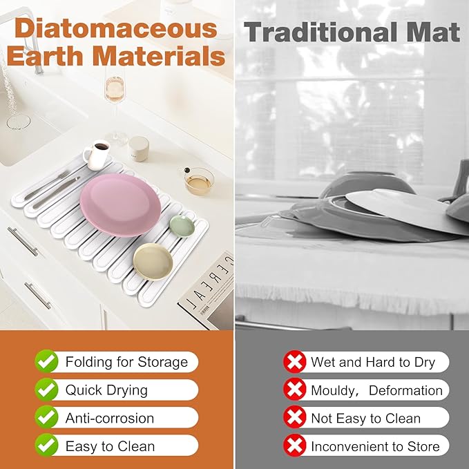 Stone Drying Mat for Kitchen Counter, Large Stone Dish Drying Mat Foldable Diatomaceous Earth Water Absorbing Mat for Dishes Bottles Cups Match Any Countertop White 24" x 16"