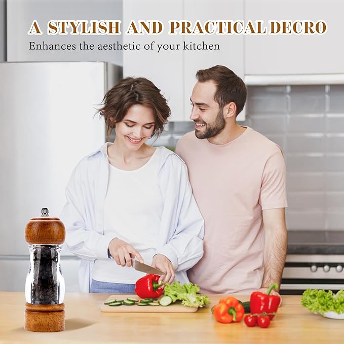 Vintage Wooden Pepper Mill Grinder- 6.3 inches Acrylic Salt & Pepper Shakers with Adjustable Coarseness, Refillable Manual Ceramic Core Grinder for Kitchen, Home, Gift