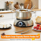 CUSIMAX 1500W Electric Fondue Pot Set, Fondue Pot for Chocolate, Cheese, Broth, Oil, Luminated Control Dial, Fondue Set with 8 Colour Coded Stainless Steel Forks, 1.4-Quart - Stainless Steel
