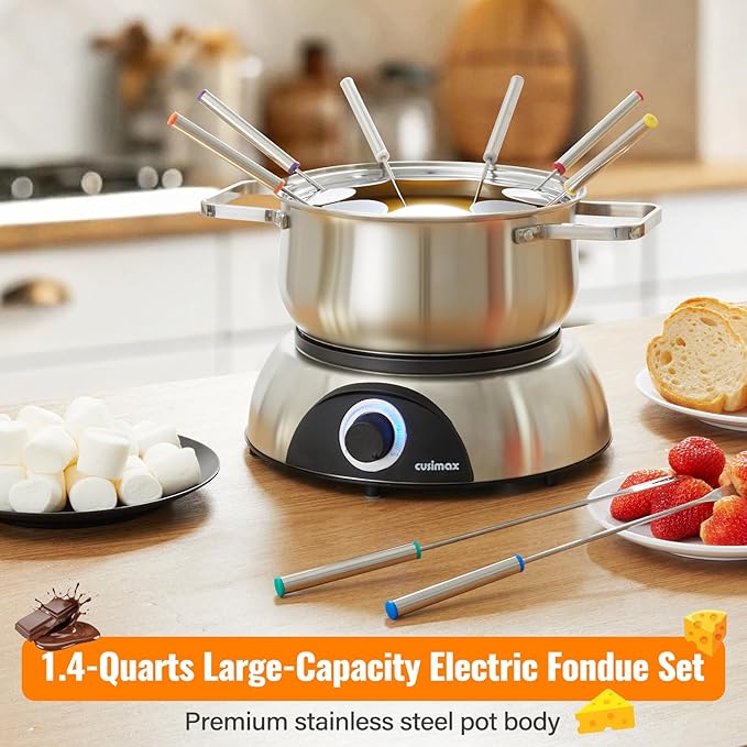 CUSIMAX 1500W Electric Fondue Pot Set, Fondue Pot for Chocolate, Cheese, Broth, Oil, Luminated Control Dial, Fondue Set with 8 Colour Coded Stainless Steel Forks, 1.4-Quart - Stainless Steel