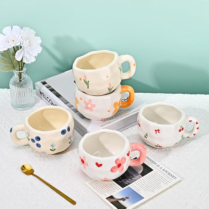 Koythin Ceramic Coffee Mug with Saucer Set, Cute Pink Tulip Flower Cup Unique Irregular Design for Office and Home, 10 oz/300 ml for Latte Tea Milk