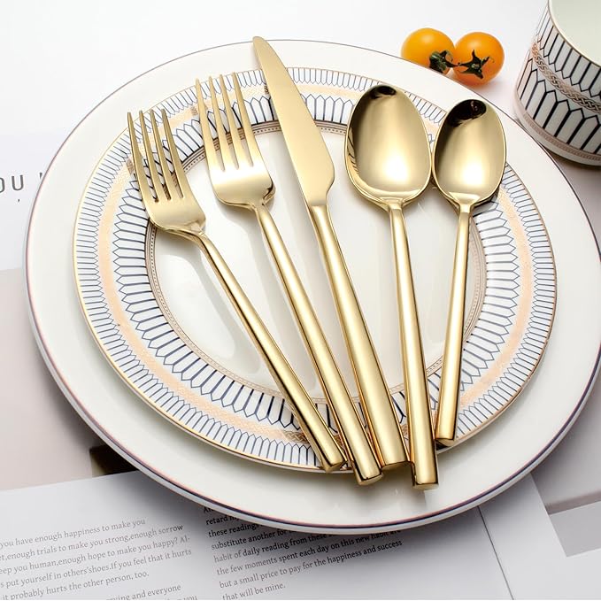 Gold Silverware Set, 20-Piece Flatware Cutlery Set Service for 4, Heavy Duty Titanium Coating Modern Design, 18/0 Stainless Steel Utensils, Dishwasher Safe