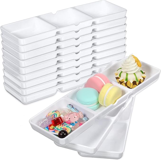 12 Pcs Small White Plastic Appetizer Serving Tray 3 Compartment Serving Dishes Reusable Stackable Sectional Platter Rectangular Divided Split Dish for Restaurant Kitchen Food Candy