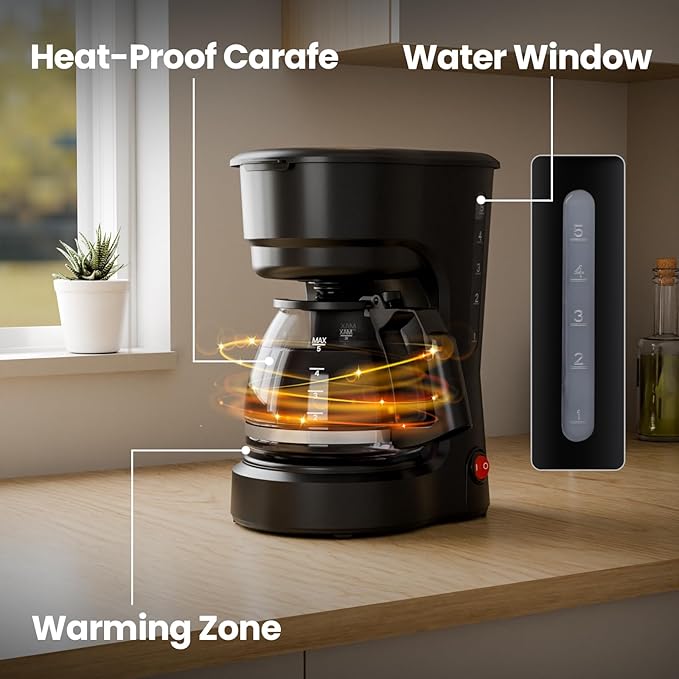 Kismile 5-Cup Drip Coffee Maker with Anti-Drip System, Food-Grade Compact Coffee Machine with Removable Funnel, Warm Plate, Dishwasher-Safe Glass Carafe, Portable Coffee Maker for Home & Office Use