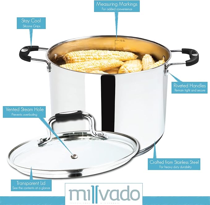 Stock Pot, Large Stainless Steel 11 Quart StockPot, Large Cooking Pot, Clear Glass Lid and Measurement Markings, Steam Hole, Induction, Gas, Electric Compatible Big Boiling Pot