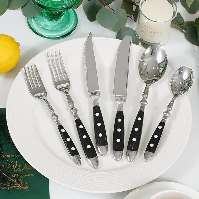 24-Piece 18/0 Stainless Steel Silverware set,Vintage Flatware set with Bakelite Handle,service for 4,Cutlery set (Black)