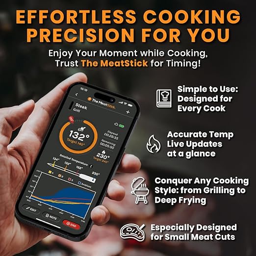 MeatStick Chef: Quad Sensors Smart Wireless Meat Thermometer-Meat Probe for Smoker, BBQ, Oven, Grill, Kitchen, Rotisserie, Air Fryer, Deep Frying-Limited Range