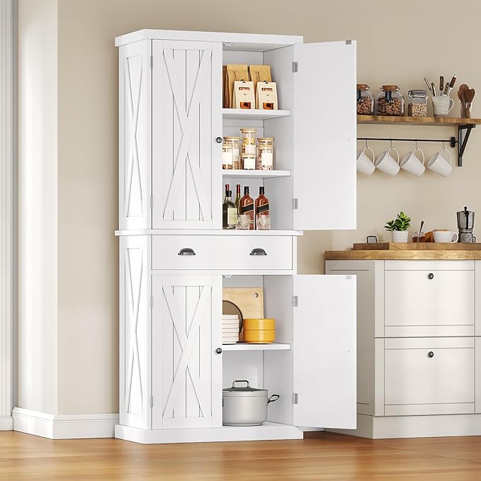 DWVO 72'' Farmhouse Kitchen Pantry, Rustic Wood Kitchen Storage Cabinets with Adjustable Shelves & Drawer, Tall Freestanding Cupboard for Dining Room, Living Room, White