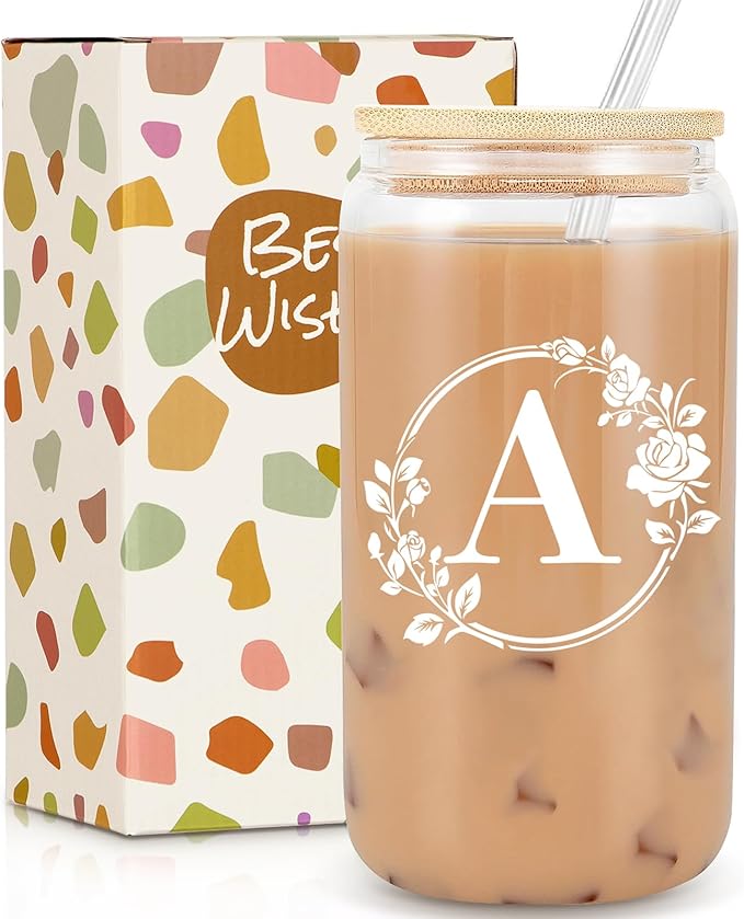 Birthday Gifts for Women, Monogrammed Initial Glass Cup Personalized Gifts for Women, 16oz Glass Cups with Lids and Straws, Iced Coffee Cup, Beer Can Shaped Glass - Gifts for Christmas, Birthday, A