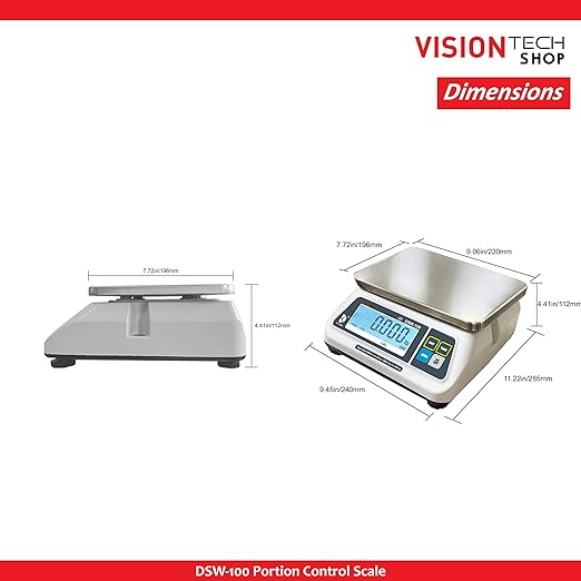 VisionTechShop DSW-100 Portion Food Scale with Dual LCD Display, Stainless Steel Platter, 6lb Capacity, 0.002lb Readability, Lb/Oz/Kg/g Switchable, Low Profile Design, NTEP COC #22-007, NSF Certified