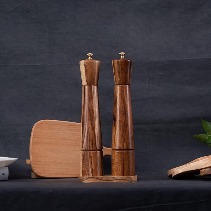 Salt and Pepper Grinder Set with Tray, Adjustable Ceramic Grinder Salt Mill, Stainless Steel Grinder Pepper Mill, Acacia Wood, 32 cm / 12 inch Height, Bottom Dia 6 cm (Tray is Included)