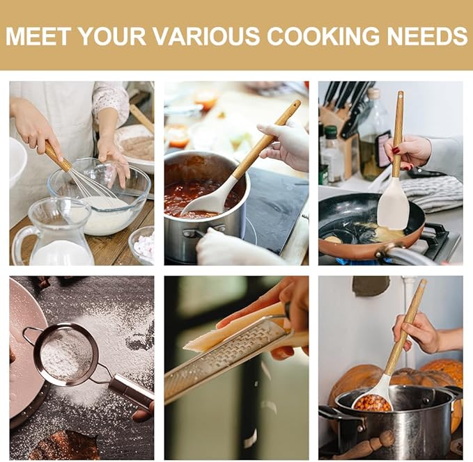 Cooking Utensils Set- 35 PCs Kitchen Utensils with Grater,Tongs, Spoon Spatula &Turner Made of Heat Resistant Food Grade Silicone and Wooden Handles Kitchen Gadgets Tools Set for Cookware