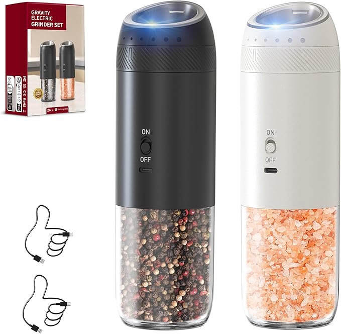 Electric Salt and Pepper Grinder Set – Rechargeable Gravity Automatic Pepper Mill Gift Set with LED Light & 6 Adjustable Coarseness