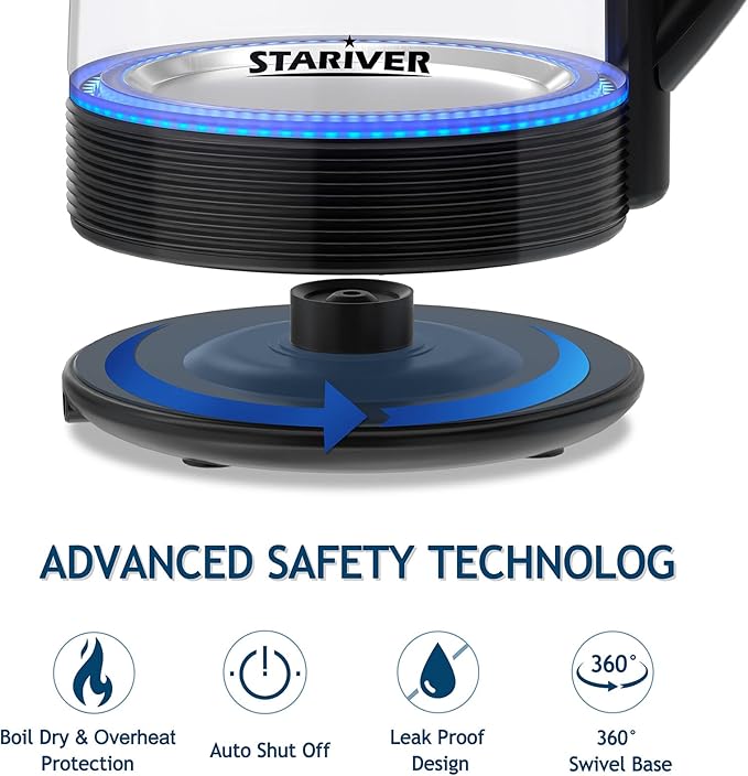 Stariver Electric Kettle, 2L Electric Tea Kettle, BPA-Free Glass Kettle with LED, Hot Water Kettle with Fast Boil, Auto Shut-Off & Boil-Dry Protection, Stainless Steel Inner Lid & Bottom, Black