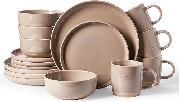 Famiware Milkyway Stoneware Dinnerware Sets with Mugs, Service for 4 (16pcs), Plates and Bowls Sets, Scratch Resistant, Microwave and Dishwasher Safe Dishes Set, Cinnamon Brown