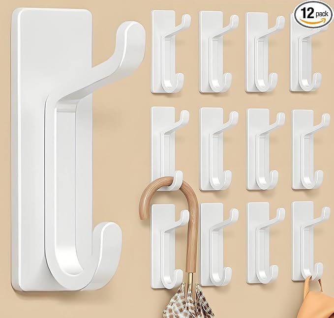 12 Pack Wall Hooks for Coat and Towel: 13LB Adhesive Door Hanger Stick on, White