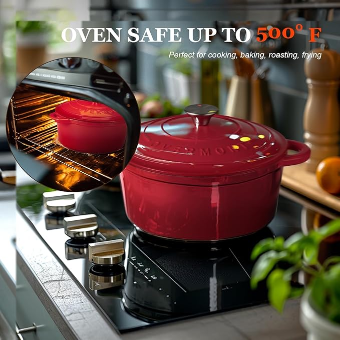 Overmont 5.5QT Enameled Cast Iron Dutch Oven with Lid Cookbook Heavy-Duty Casserole with Dual handles for Braising, Stews, Roasting, Bread Baking