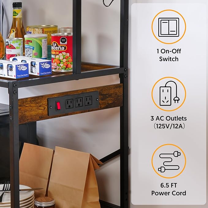 Bakers Rack for Kitchen, 33-inch Wide Coffee Bar Station with Power Outlet, 5 Tier Microwave Stand Storage Shelf with S-Shaped Hooks, Metal Frame with Brown Wood Tabletop