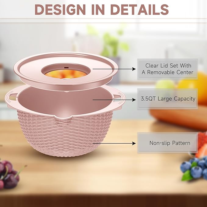 4-1 Colander with Bowl Set - Food Strainer with Graters & Spoons - Colanders for kitchen - Strainers and Colanders - Strainer Bowl Fruit Cleaner with Colander Pasta Rice Strainer for Veggie Wash Pink