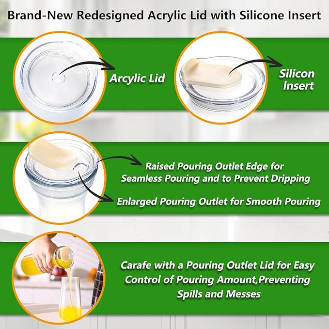 AYL Set of 4 Glass Carafes with Lids (1 Liter) – Clear Glass Water Pitchers and Beverage Serveware for Mimosa Bars, Brunch, Parties, Wine, Juice, Milk, Iced Tea, and Lemonade with Easy-Pour Spout Lids