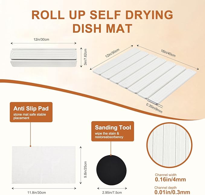 Stone Dish Drying Mat for Kitchen Counter,16"x12",Roll Up Self Drying Dish Mat with Water-Guiding Grooves, Natural Diatomite Quick Dry Stone Mat for Dishes & Utensils
